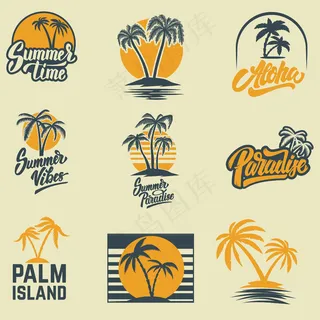 一套带有手掌的夏季标志。用于徽章、标志、徽标、标签、徽章。形象