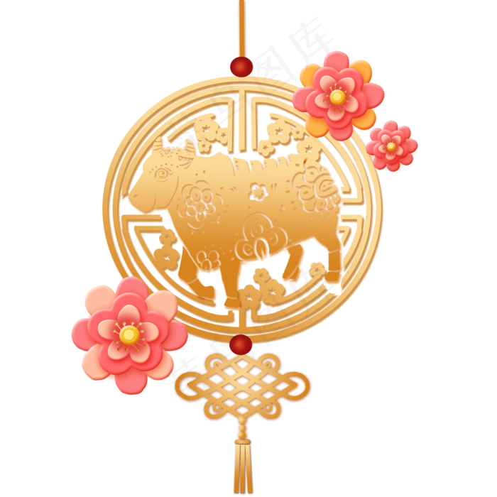 金色剪纸中国结牛年