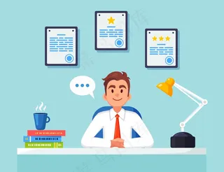 在办公桌旁工作的商人。办公室内部有文件、咖啡。坐在椅子上的经理