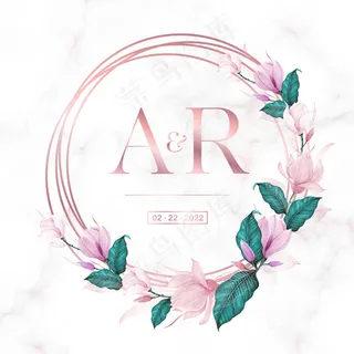 玫瑰金圆形框架，大理石背景上有花卉图案，用于制作婚礼花押字标志和请柬