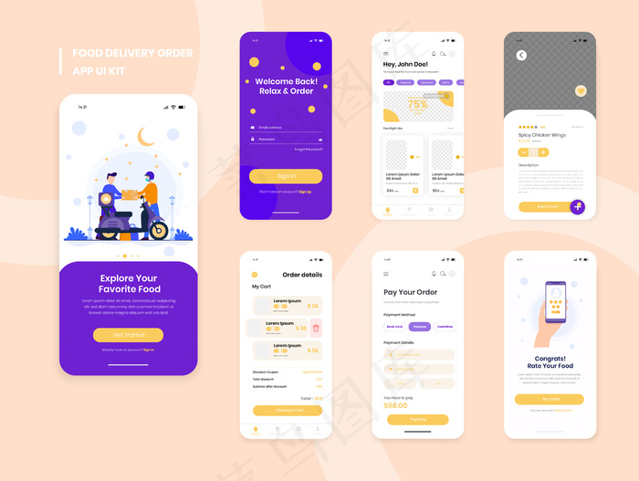 食品配送手机app移动应用程序app用户界面套件，包括注册、食品菜单、预订和家庭服务类型审查屏幕
