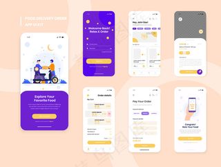 食品配送手机app移动应用程序app用户界面套件，包括注册、食品菜单、预订和家庭服务类型审查屏幕