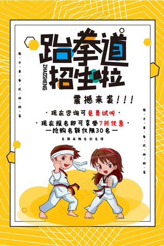 卡通创意手绘跆拳道招生海报