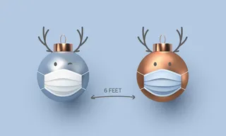 社会疏远概念，可爱的圣诞球，戴着医用口罩的鹿角。写实风格的动物角色。冠状病毒，covid-19 保护。