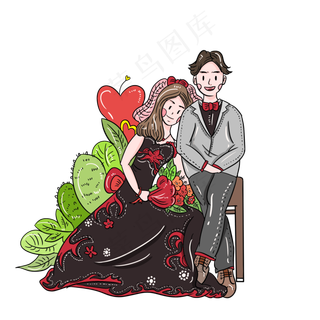 七夕情人节手绘卡通情侣结婚照