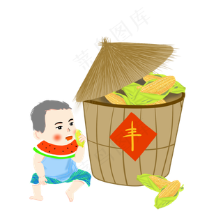 立秋玉米大丰收手绘卡通人物吃玉