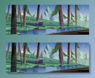 有湖有山的针叶林中的雨。森林深处有池塘的自然景观。野生植物景观背景