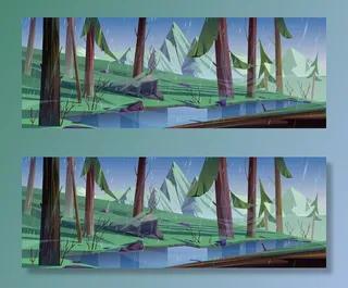 有湖有山的针叶林中的雨。森林深处有池塘的自然景观。野生植物景观背景