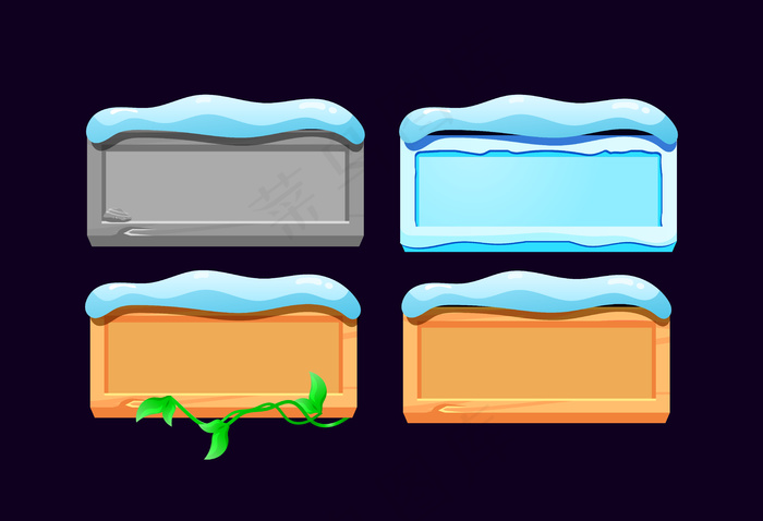 一套gui岩石、冰、木制和木制叶子按钮，带有游戏ui资产元素的圣诞节主题
