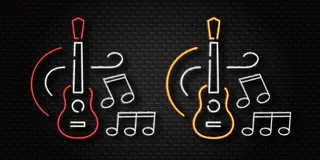 现实的霓虹灯标志吉他标志模板装饰在墙上的背景。现场音乐会和音乐的概念。
