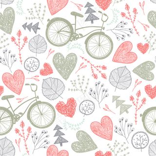 无缝浪漫图案。心形，花卉，老式自行车春天，夏天，婚礼背景粉彩