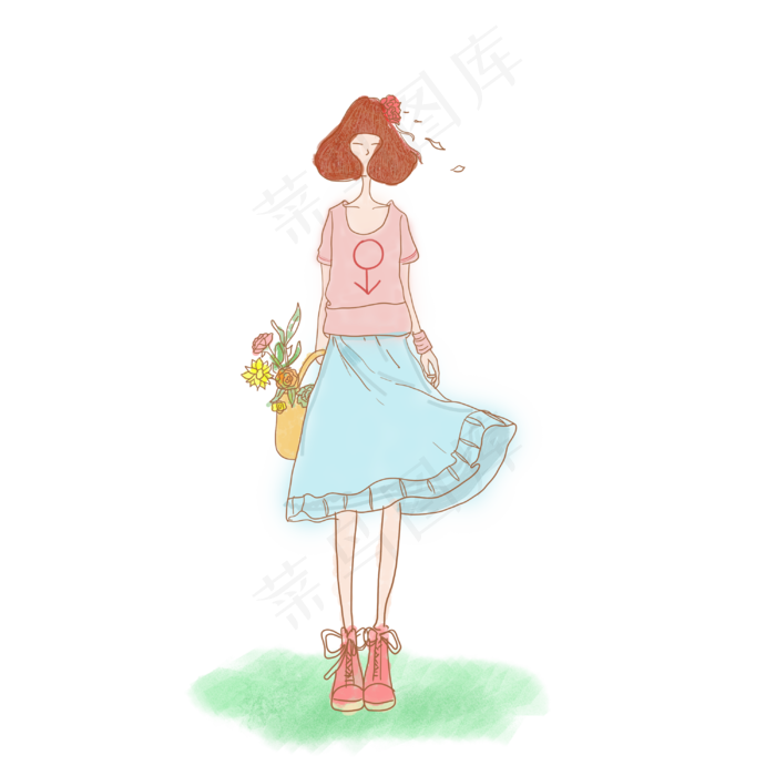 七夕节文艺女生采花素材