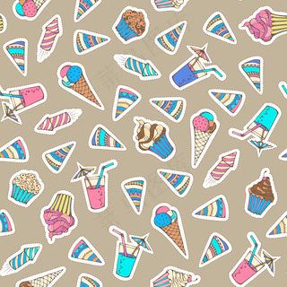 80-90年代风格设计。贴纸、补丁、刺绣和粘性标签。冰淇淋、生日帽、烟火、饮料、松饼和纸杯蛋糕。