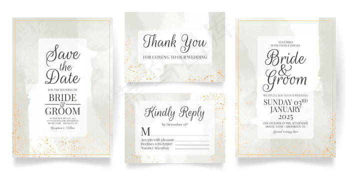 水彩背景婚礼请柬套装模板