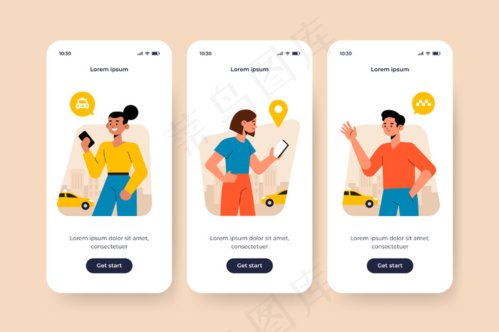 出租车服务主题的上车应用程序app屏幕