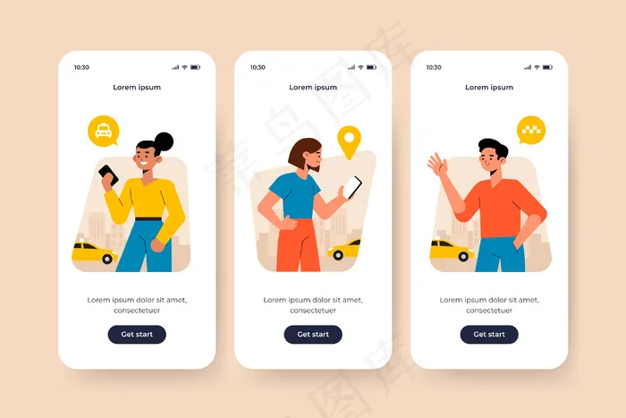 出租车服务主题的上车应用程序app屏幕eps,ai矢量模版下载