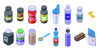 运动营养图标集。等轴测集的运动营养图标的网页上隔离的白色背景