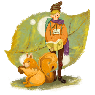 秋日秋天落叶松鼠看书可爱PNG图