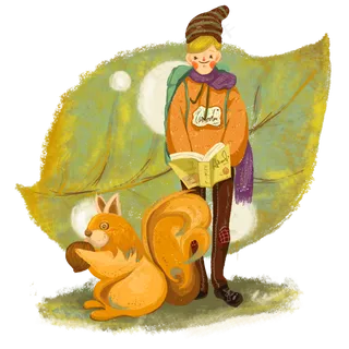 秋日秋天落叶松鼠看书可爱PNG图