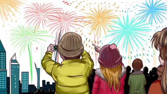 元旦在人群中观看烟火