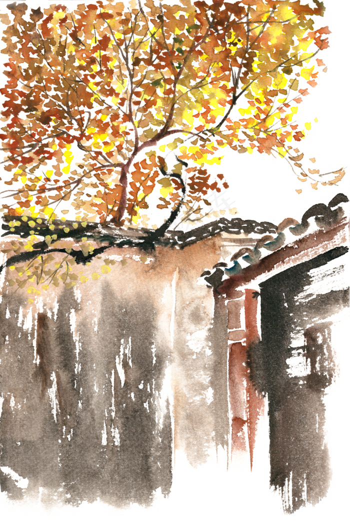 秋天的院落水彩画PNG免抠素材(3666X5500(DPI:300))psd模版下载