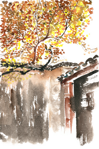 秋天的院落水彩画PNG免抠素材