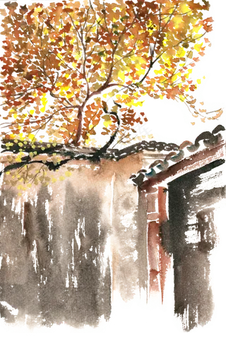 秋天的院落水彩画PNG免抠素材