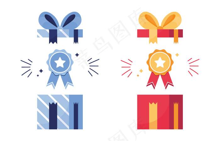 一套礼物和奖励。开箱奖励。第一名，胜利。带丝带奖章。开始奖励吧。为比赛、运动取得的成就。蓝色和红色