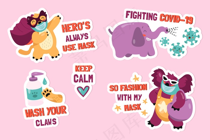 冠状病毒概念贴纸与可爱的动物