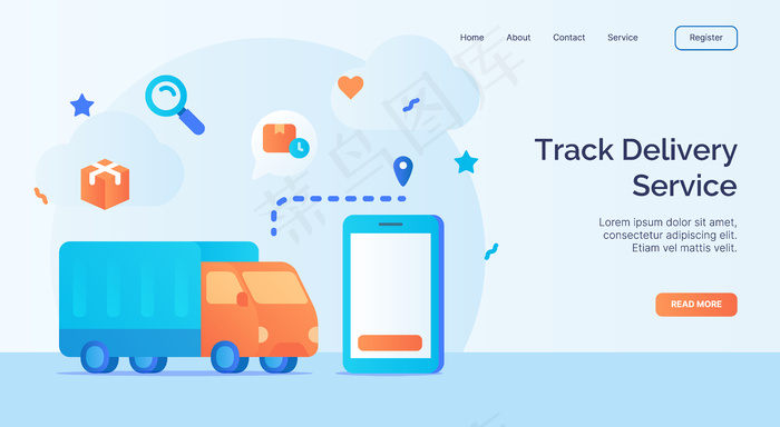 跟踪交付服务跟踪卡车使用智能手机应用程序图标运动网站主页登陆模板横幅banner与卡通平面风格矢量设计。