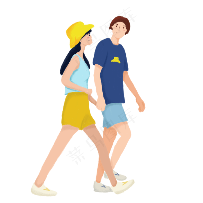 手绘浪漫情人节情侣牵手逛街