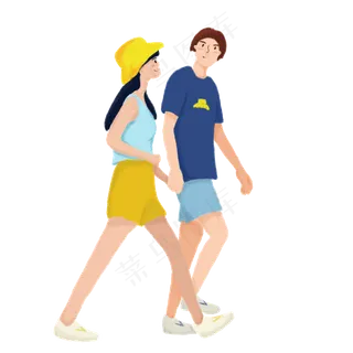 手绘浪漫情人节情侣牵手逛街