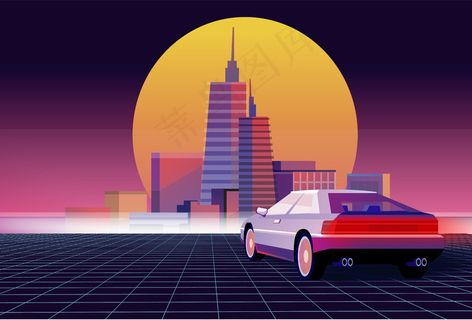 复古的未来。科幻背景，超级跑车。未来派复古车。