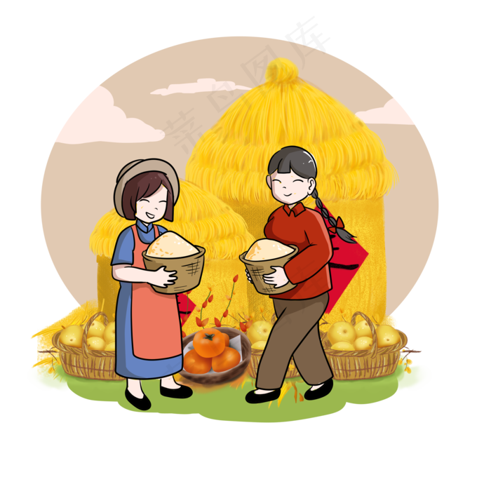 收获的季节女孩和妈妈手捧粮食(2000X2000(DPI:300))psd模版下载