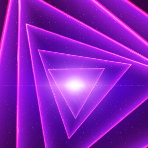 数据流可视化背景。紫色大数据流的三角形发光扭曲隧道作为二进制字符串。