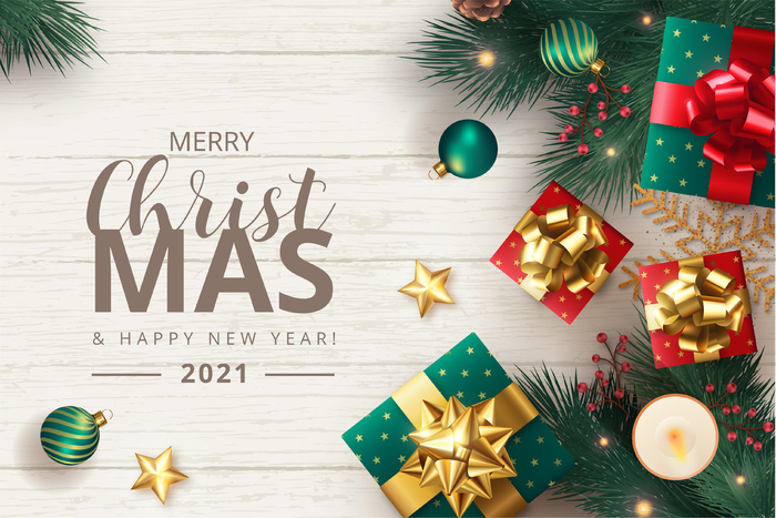 圣诞快乐背景与逼真的装饰品和礼物