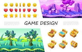 卡通游戏设计用户界面构图圆心星按钮皇冠宝石珠宝金币杯宝箱幻想自然景观