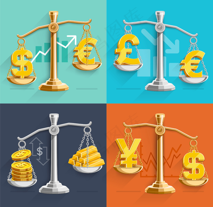 秤上的货币符号图标和金条。插图。