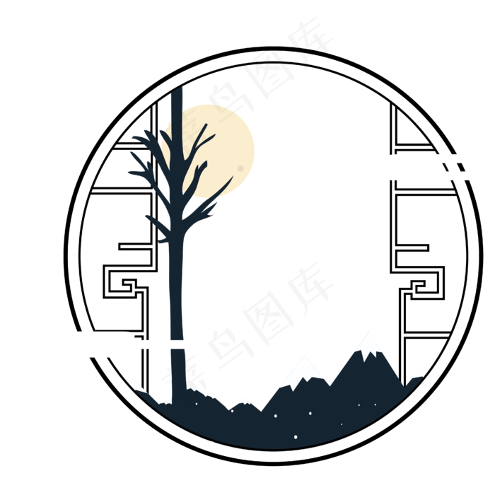 手绘矢量文件窗户花边边框红日树