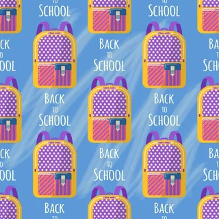 与背包的学校用品的无缝模式。矢量回到学校背景，带文具的袋子。办公用品。