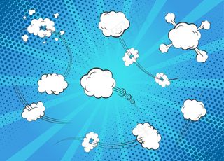 卡通音效。一套空空如也的白泡言论和思想。波普艺术和相声泡泡模板在蓝光背景上隔离。