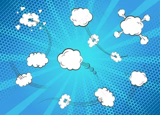 卡通音效。一套空空如也的白泡言论和思想。波普艺术和相声泡泡模板在蓝光背景上隔离。