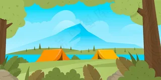 带帐篷和山脉的平面设计露营区景观