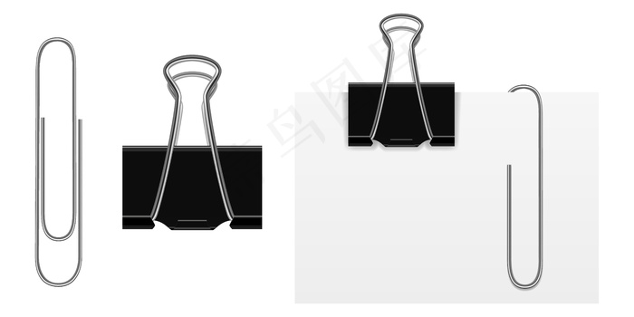一套矢量逼真的黑色和银色回形针。