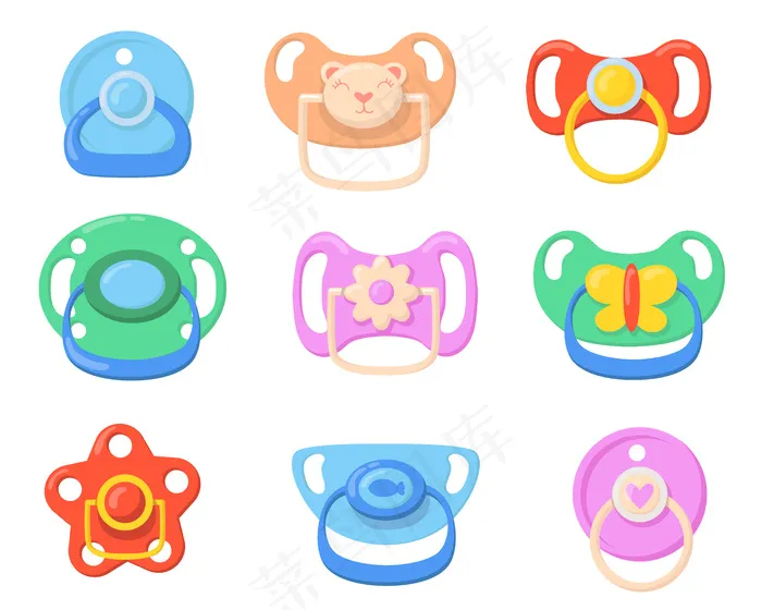 婴儿奶嘴图标套装。彩色塑料奶嘴，适合小孩使用，有蝴蝶、熊、花形手柄。为儿童，父母，婴儿护理概念矢量插图eps,ai矢量模版下载