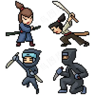 像素艺术集孤立武士忍者