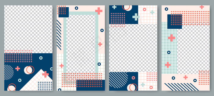 孟菲斯风格的故事模板。故事贴布局，时尚艺术社交媒体帖子品牌和复古相框矢量集