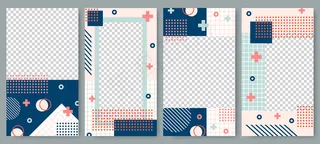 孟菲斯风格的故事模板。故事贴布局，时尚艺术社交媒体帖子品牌和复古相框矢量集