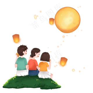 中秋节全家草地赏月温馨团聚人物