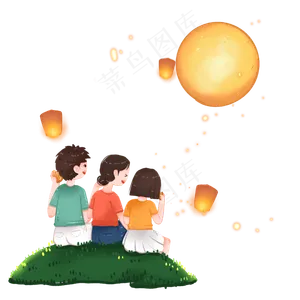 中秋节全家草地赏月温馨团聚人物
